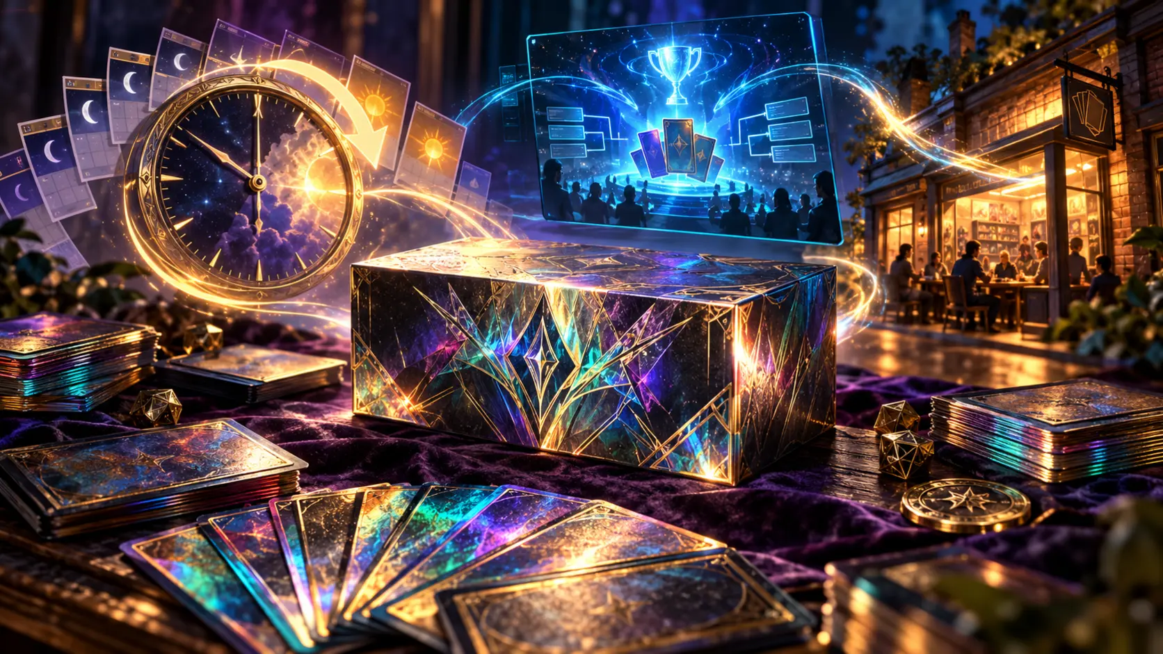 Cinematic collector desk with a 24-hour clock, sealed fantasy card box, digital tournament display and warmly lit local card store