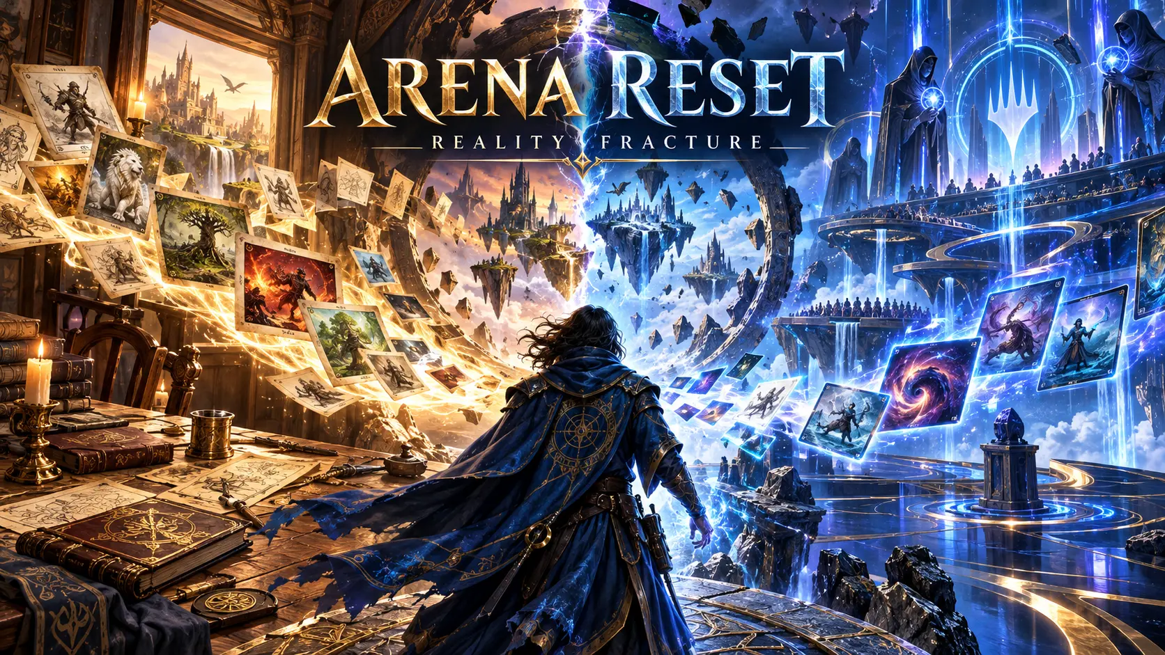Conceptual fantasy illustration of an Arena rules reset with a blue-cloaked mage and cards crossing between digital and tabletop worlds