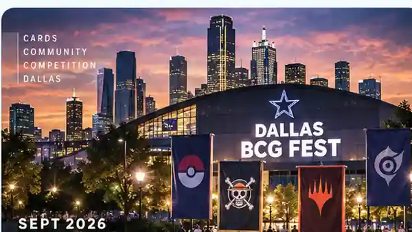Premium Dallas BCG Fest editorial artwork with the Dallas skyline, convention venue, trading-card banners and September 2026 event styling