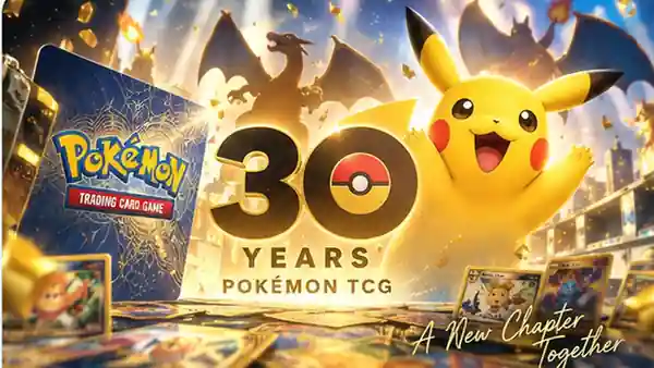 Premium Pokémon 30th Celebration editorial artwork with Pikachu, a gold 30-years centerpiece, trading cards and anniversary product styling