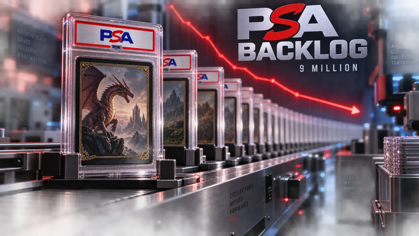 Conceptual illustration of encapsulated trading cards in a grading queue with PSA backlog headline