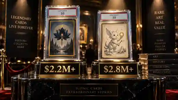 Cinematic luxury auction display with two generic slabbed vintage trading cards and seven-figure sale markers representing a record-setting TCG auction weekend