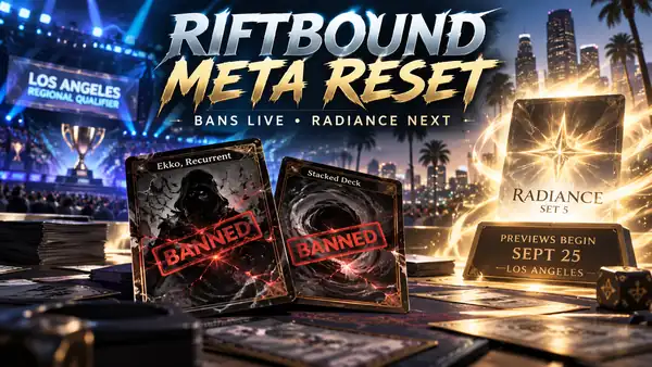 Cinematic Riftbound tournament editorial artwork showing Ekko Recurrent and Stacked Deck marked banned beside a glowing Radiance Set 5 preview display in Los Angeles