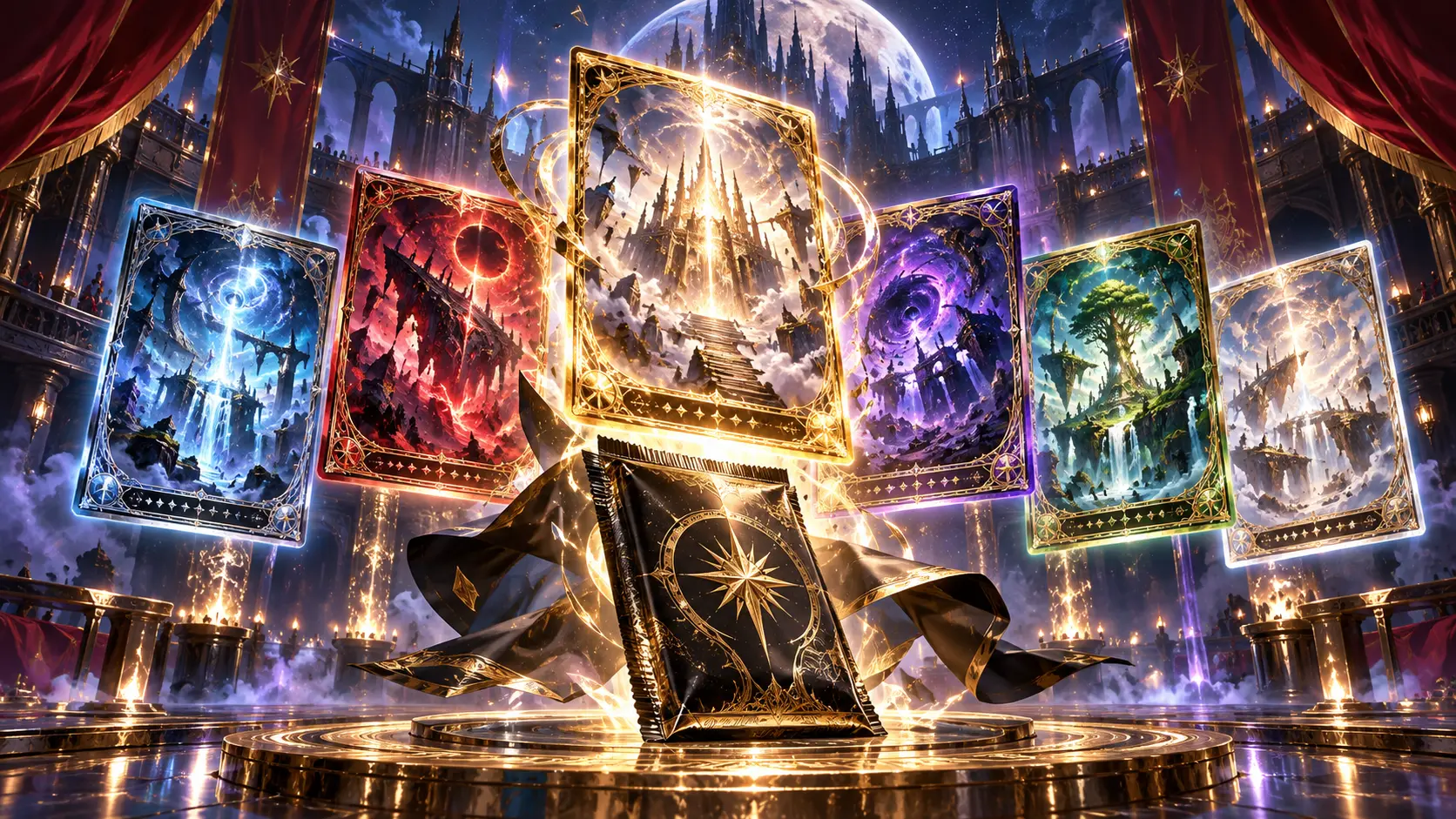Six original fantasy collector cards with luminous over-frame borders floating above a black-and-gold pack in a climactic dueling arena